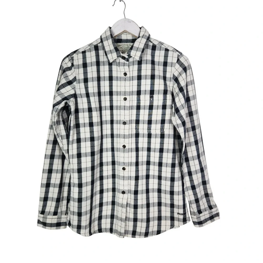 FILSON Alaskan Guide Shirt Womens Medium Cream Black Plaid Flannel Button Front - Picture 2 of 12